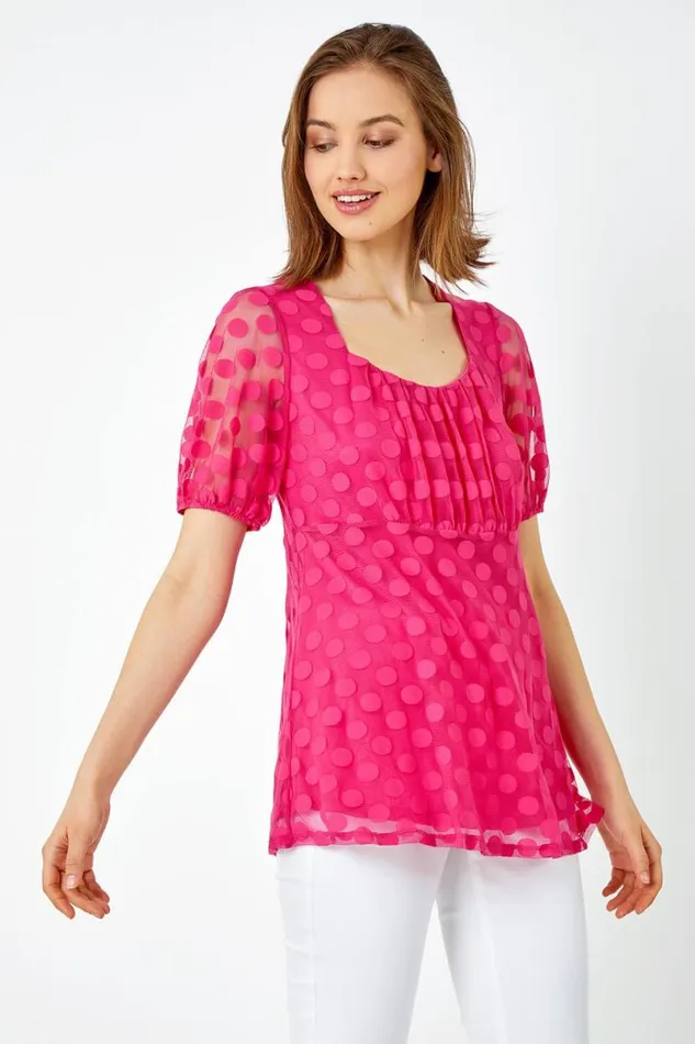 Cerise Textured Spot Print Smock Top Women Roman Tops