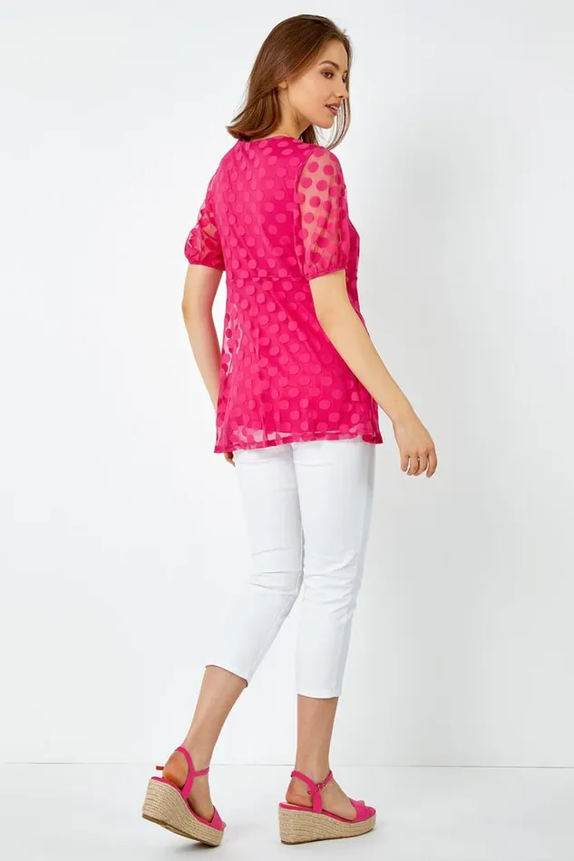 Cerise Textured Spot Print Smock Top Women Roman Tops