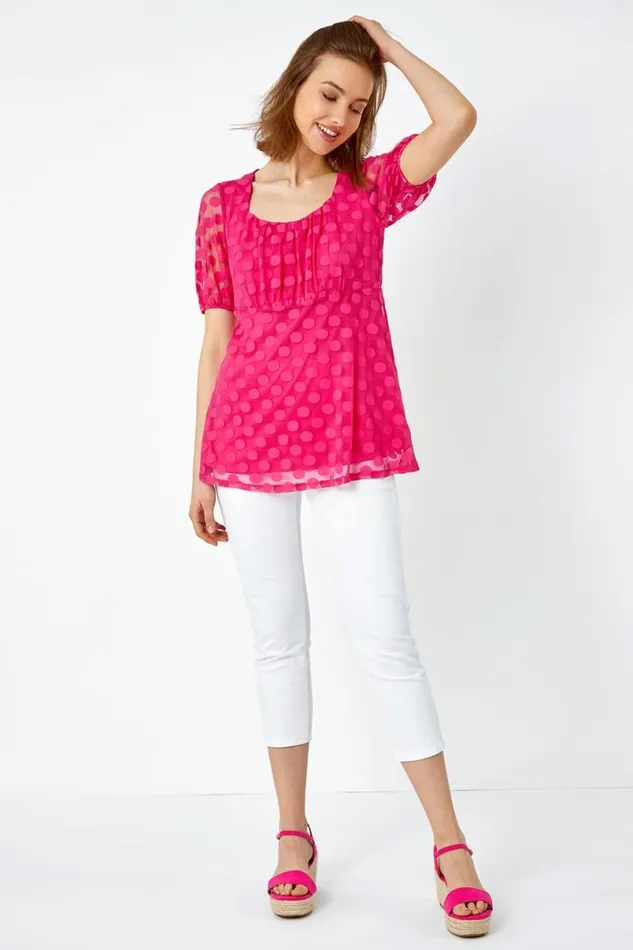 Cerise Textured Spot Print Smock Top Women Roman Tops
