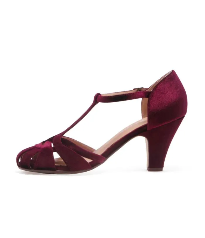 Chelsea Crew 1920s Burgundy Velvet TStrap Sergi Heels Shoes Unique Vintage Heels