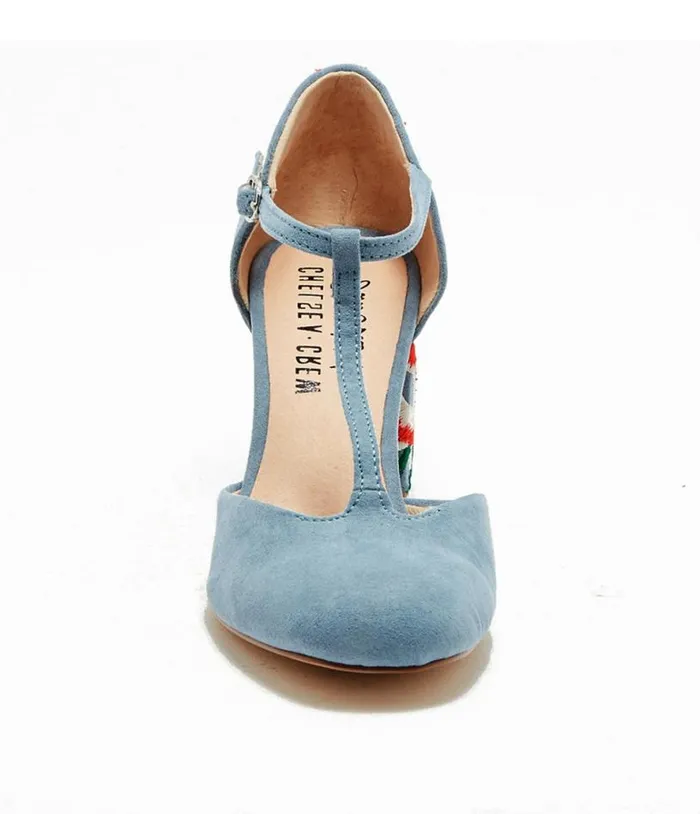 Chelsea Crew 1920s Sky Blue TStrap Embroidered Frenchie Heels Shoes Unique Vintage Heels