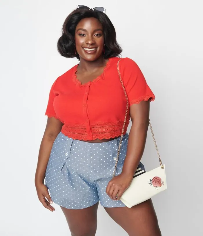 Cherry Red Scallop Lace Knit Crop Top ClothingPlus Unique Vintage Blouses