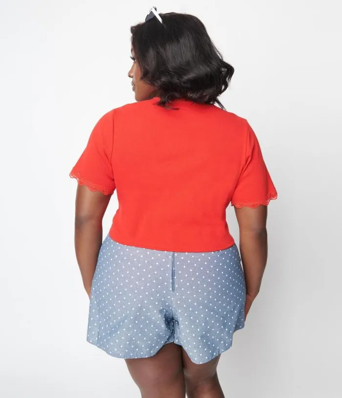 Cherry Red Scallop Lace Knit Crop Top ClothingPlus Unique Vintage Blouses