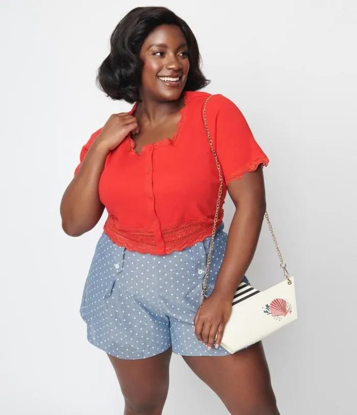 Cherry Red Scallop Lace Knit Crop Top ClothingPlus Unique Vintage Blouses