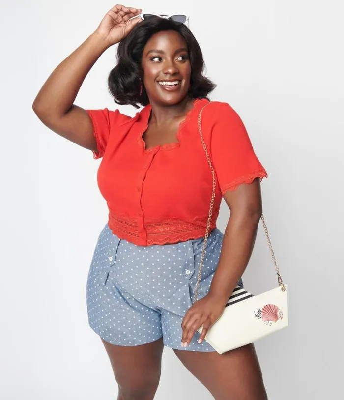 Cherry Red Scallop Lace Knit Crop Top ClothingPlus Unique Vintage Blouses