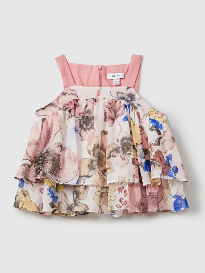 Children Reiss CoOrds Arina Tiered Floral Print Top CoOrd Pink Print