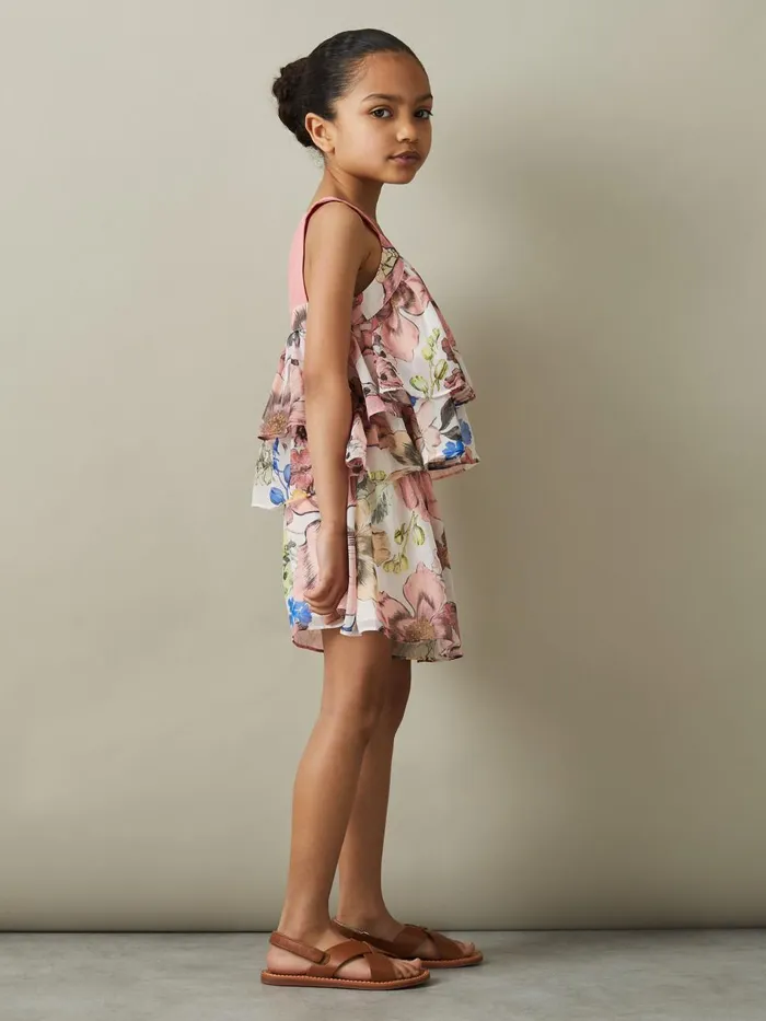 Children Reiss CoOrds Arina Tiered Floral Print Top CoOrd Pink Print