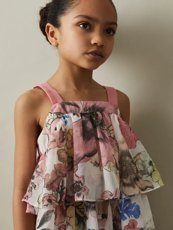 Children Reiss CoOrds Arina Tiered Floral Print Top CoOrd Pink Print