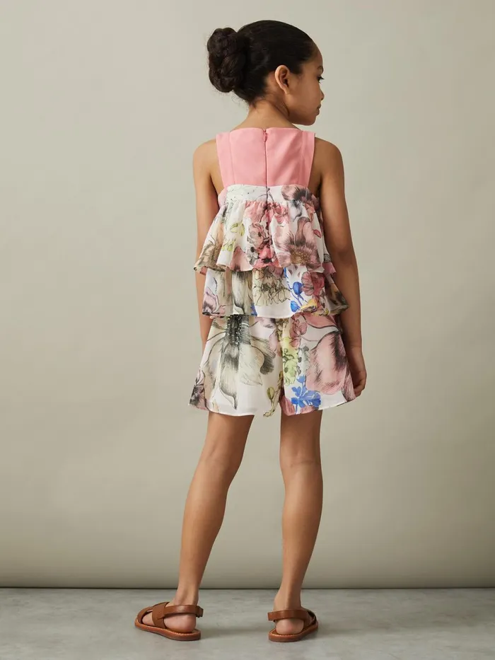 Children Reiss CoOrds Arina Tiered Floral Print Top CoOrd Pink Print