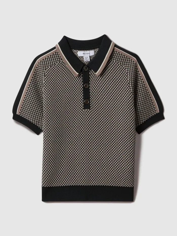 Children Reiss CoOrds Brunswick Geometric Design Knitted Polo Shirt Hunting Green
