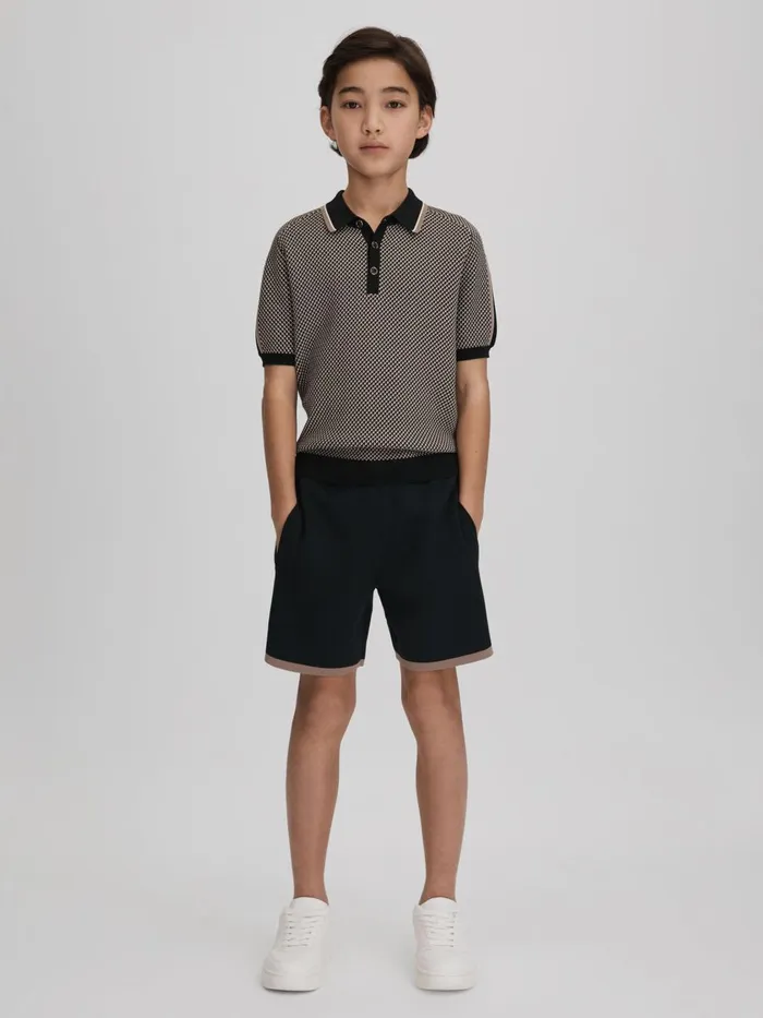 Children Reiss CoOrds Brunswick Geometric Design Knitted Polo Shirt Hunting Green