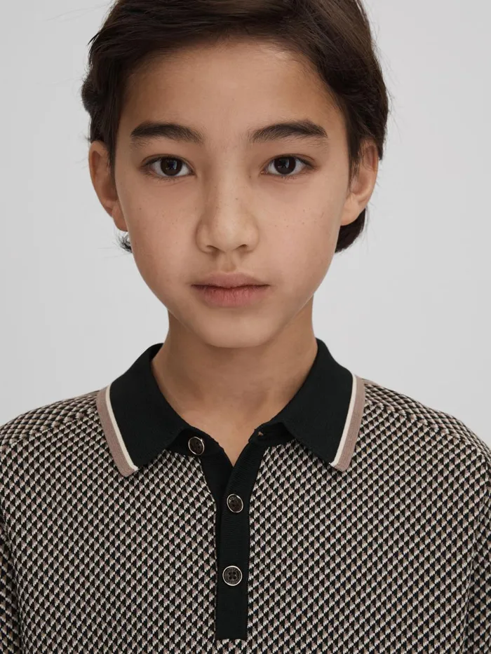 Children Reiss CoOrds Brunswick Geometric Design Knitted Polo Shirt Hunting Green