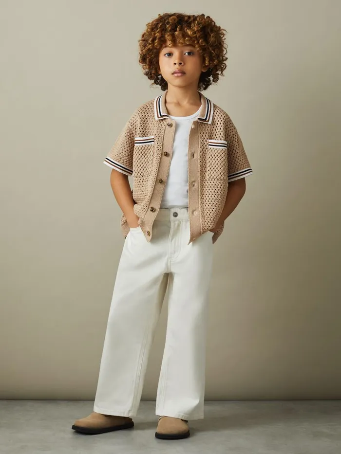 Children Reiss CoOrds Coulson Crochet Contrast Trim Shirt Soft Taupe