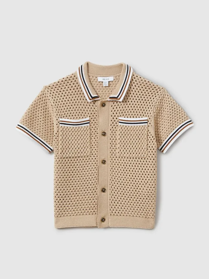 Children Reiss CoOrds Coulson Crochet Contrast Trim Shirt Soft Taupe