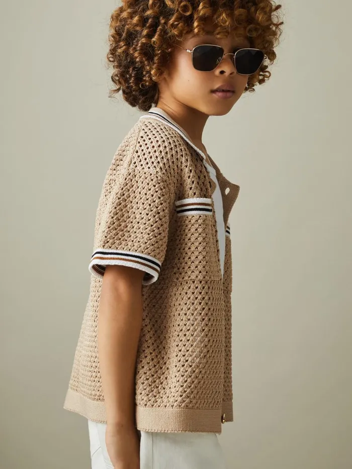 Children Reiss CoOrds Coulson Crochet Contrast Trim Shirt Soft Taupe