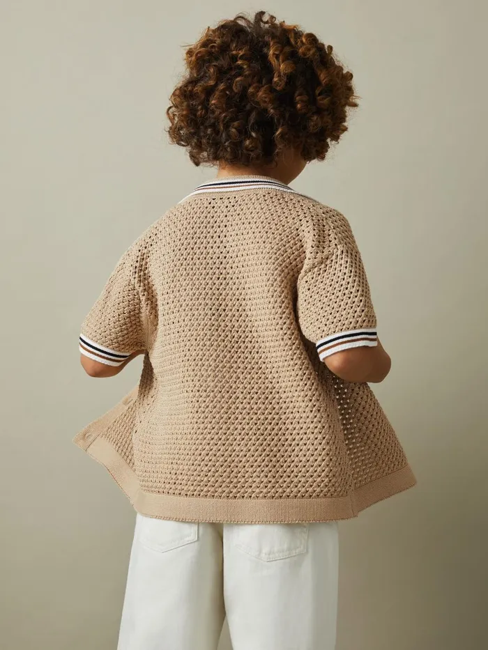 Children Reiss CoOrds Coulson Crochet Contrast Trim Shirt Soft Taupe