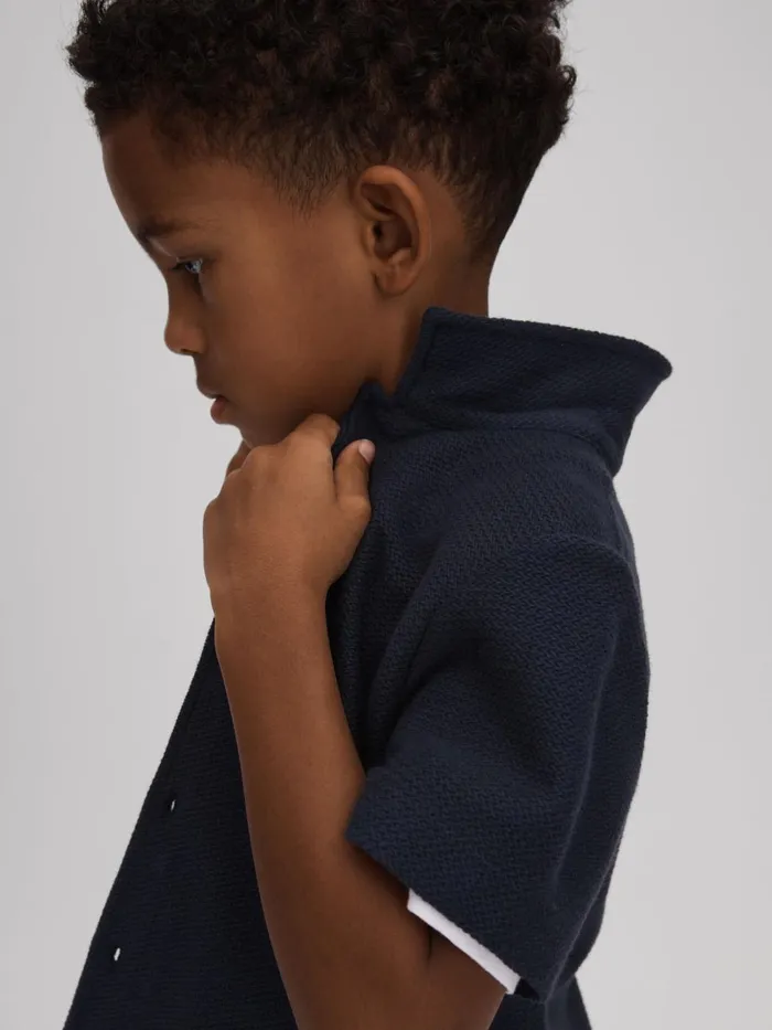 Children Reiss CoOrds Gerrard Textured Cotton Cuban Collar Shirt Navy