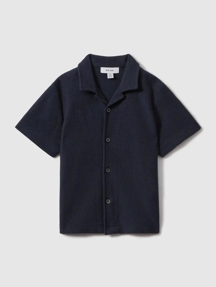 Children Reiss CoOrds Gerrard Textured Cotton Cuban Collar Shirt Navy