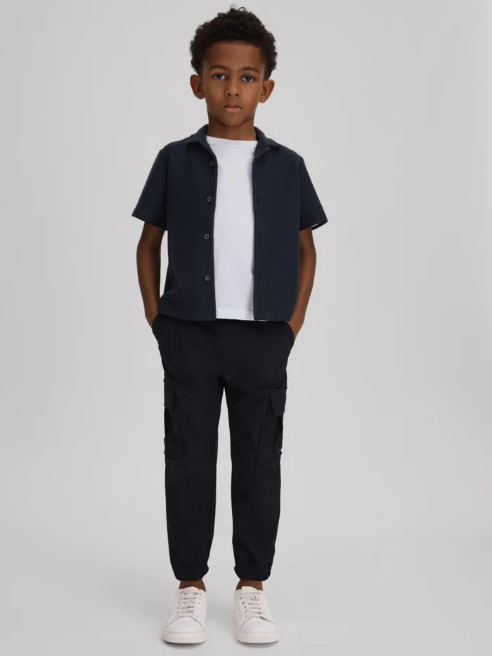 Children Reiss CoOrds Gerrard Textured Cotton Cuban Collar Shirt Navy