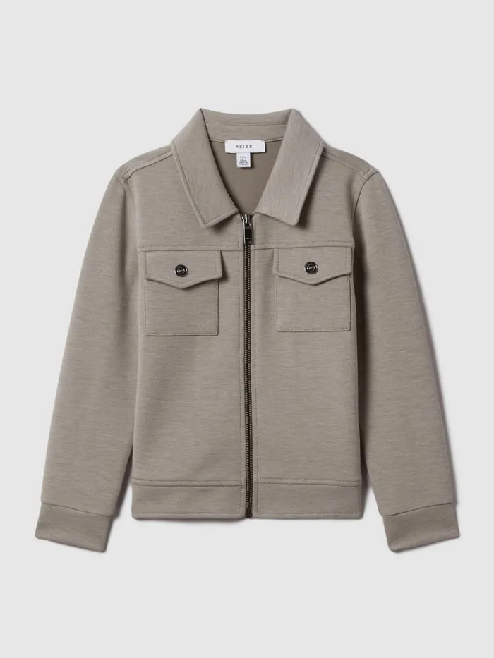 Children Reiss Coats and Jackets Medina Interlock Jersey ZipThrough Jacket Taupe