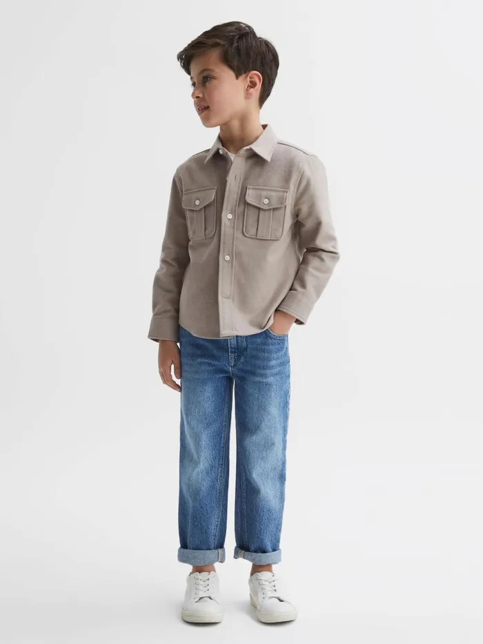 Children Reiss Coats and Jackets Thomas Brushed Cotton Patch Pocket Overshirt Oatmeal Melange