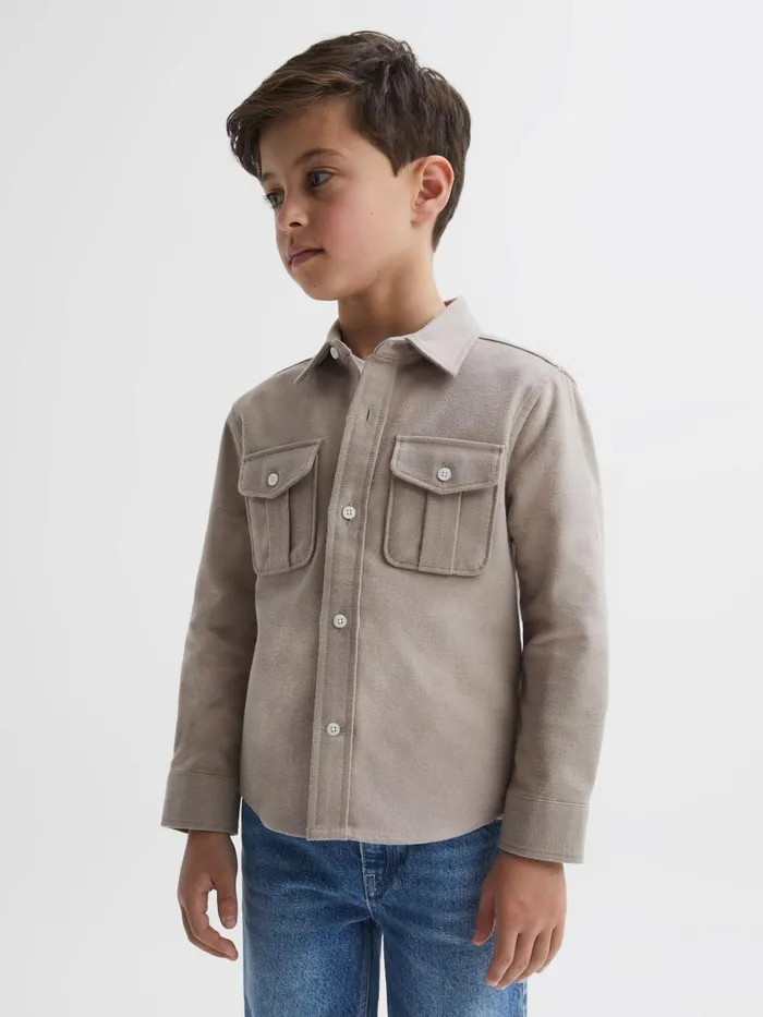 Children Reiss Coats and Jackets Thomas Brushed Cotton Patch Pocket Overshirt Oatmeal Melange