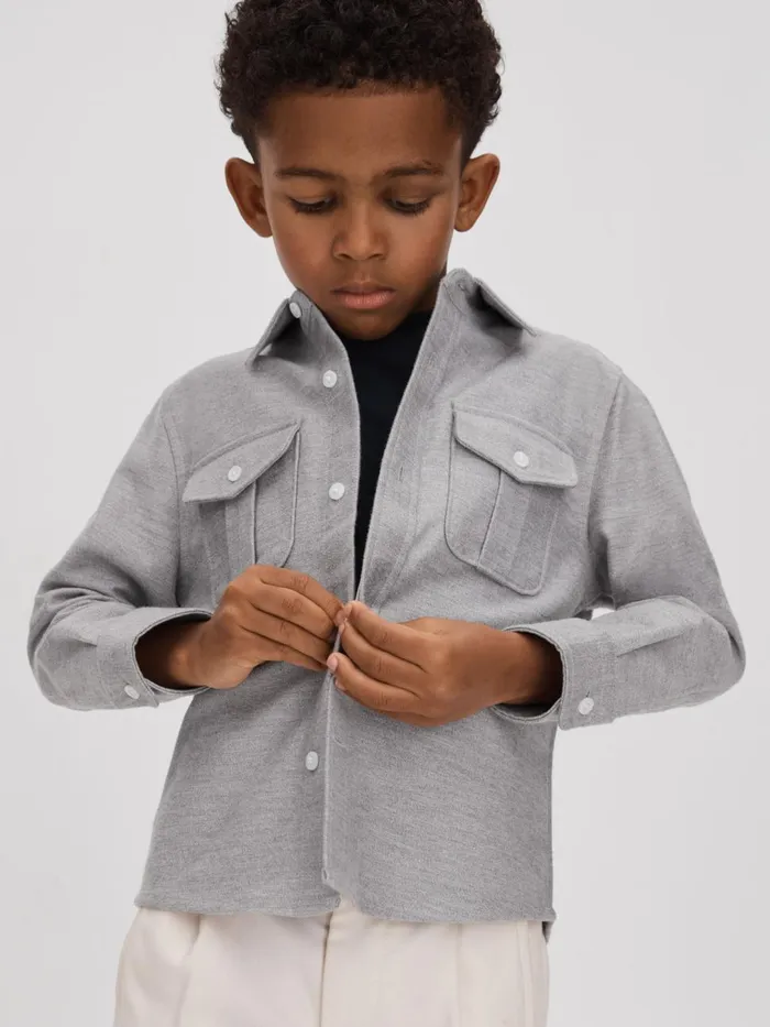 Children Reiss Coats and Jackets Thomas Brushed Cotton Patch Pocket Overshirt Soft Grey