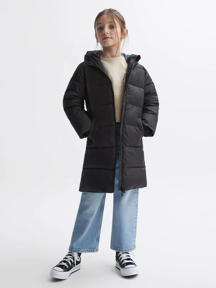 Children Reiss Coats and Jackets Tia Water Resistant Quilted Hooded Coat Black