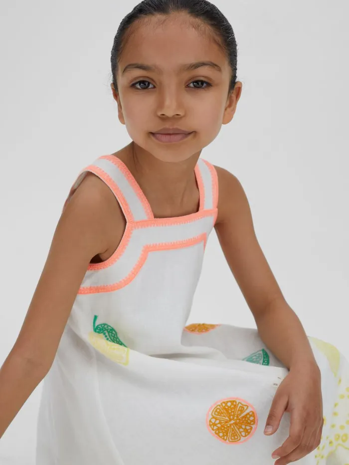 Children Reiss Dresses Arabella Cotton Linen Broderie Dress Ivory Print