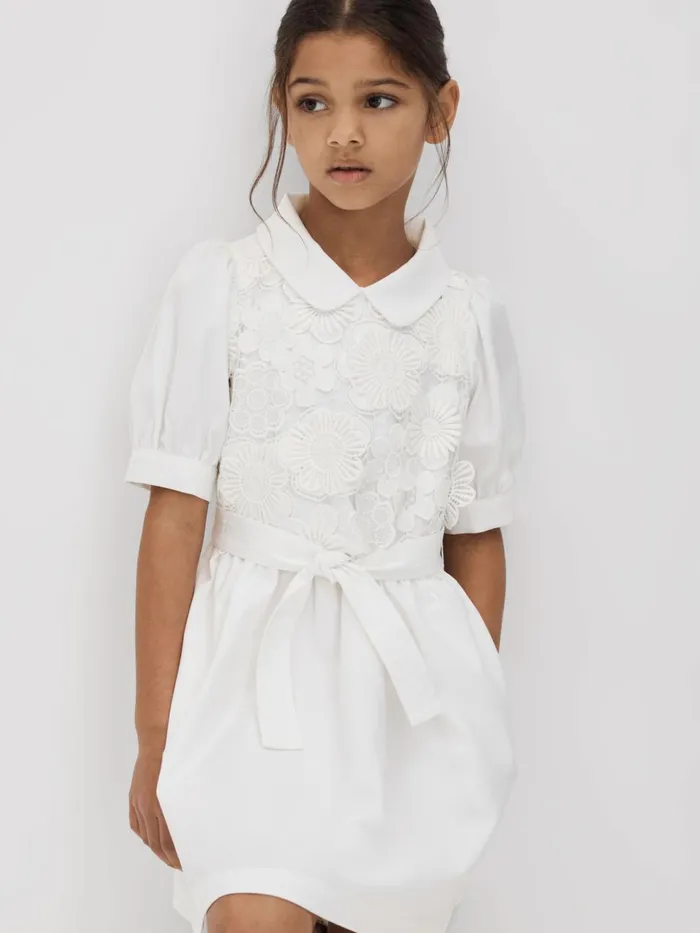 Children Reiss Dresses Dannie Embroidered Puff Sleeve Dress Ivory