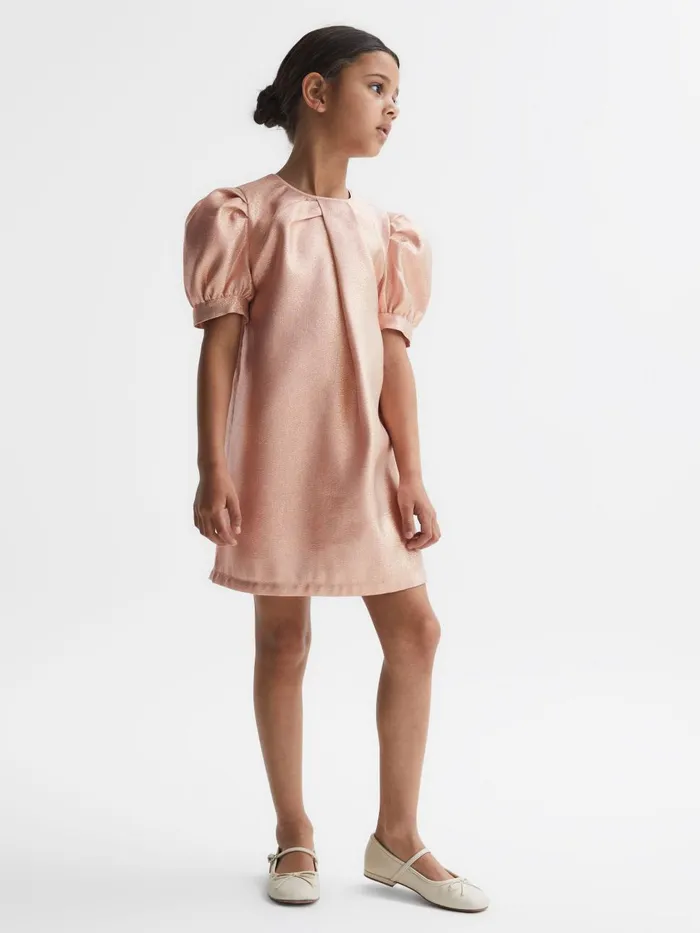 Children Reiss Dresses Lexi Metallic Puff Sleeve Dress Pink
