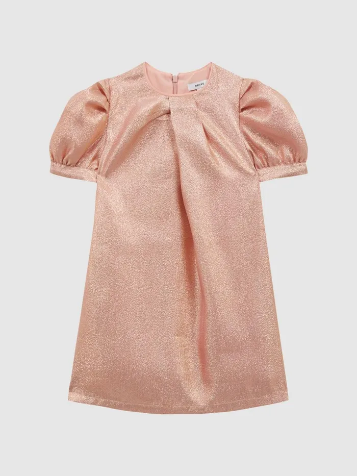 Children Reiss Dresses Lexi Metallic Puff Sleeve Dress Pink
