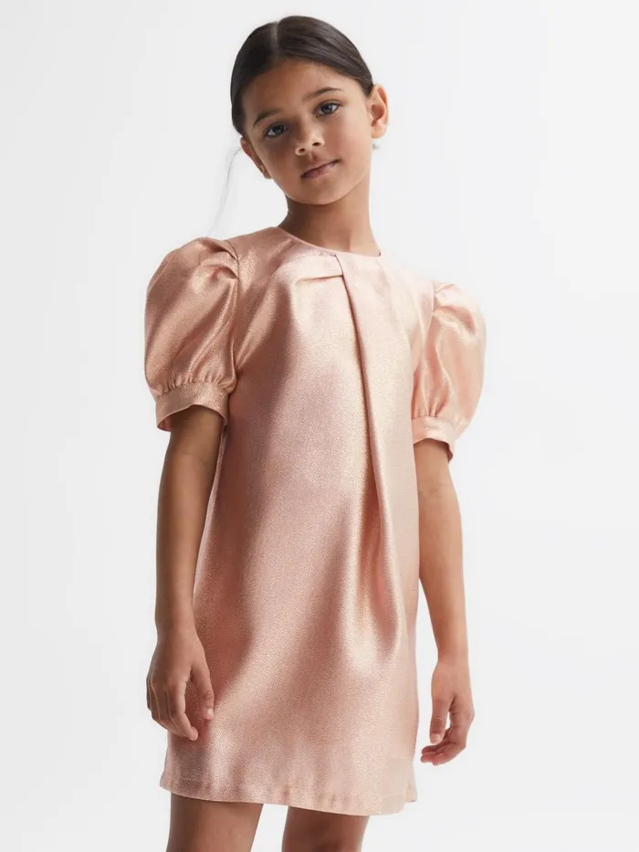 Children Reiss Dresses Lexi Metallic Puff Sleeve Dress Pink