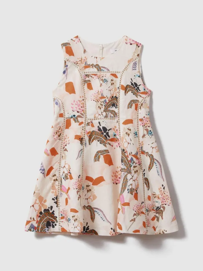 Children Reiss Dresses Lor Linen Cotton Stitch Dress Pink Print