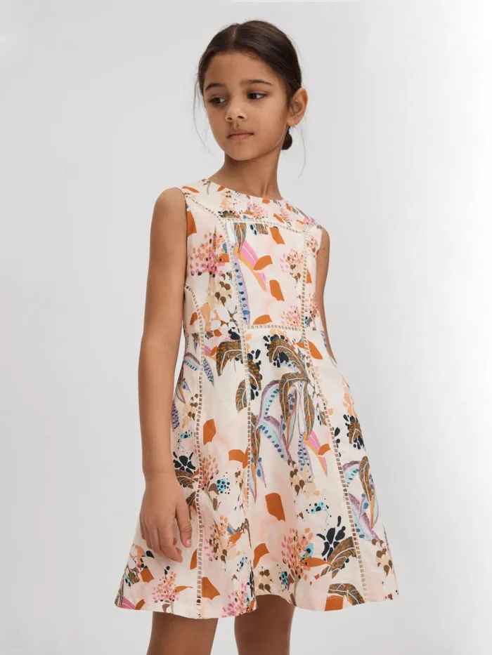 Children Reiss Dresses Lor Linen Cotton Stitch Dress Pink Print