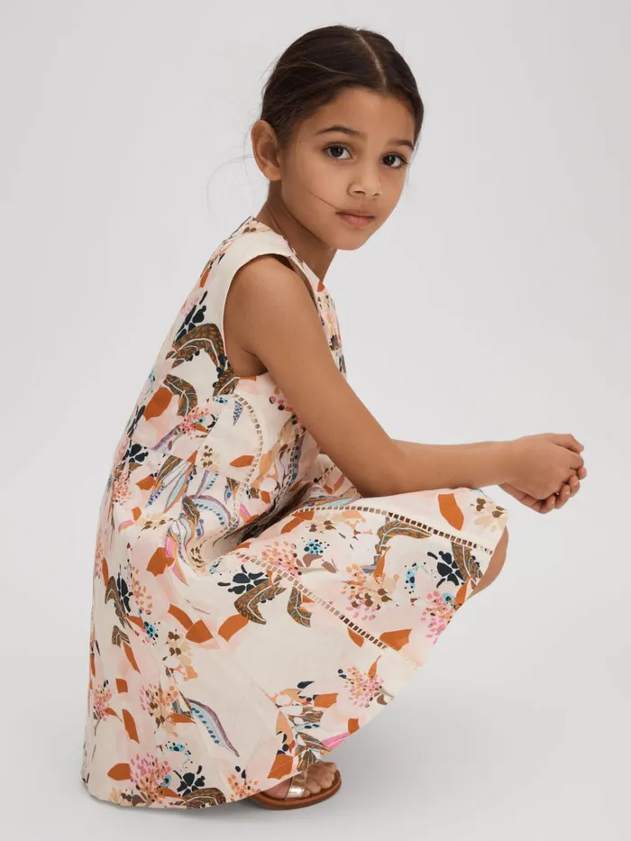 Children Reiss Dresses Lor Linen Cotton Stitch Dress Pink Print