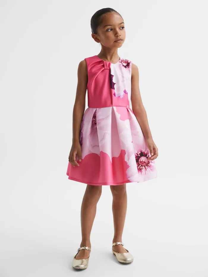 Children Reiss Dresses Rosalind Scuba Floral Print Dress Pink