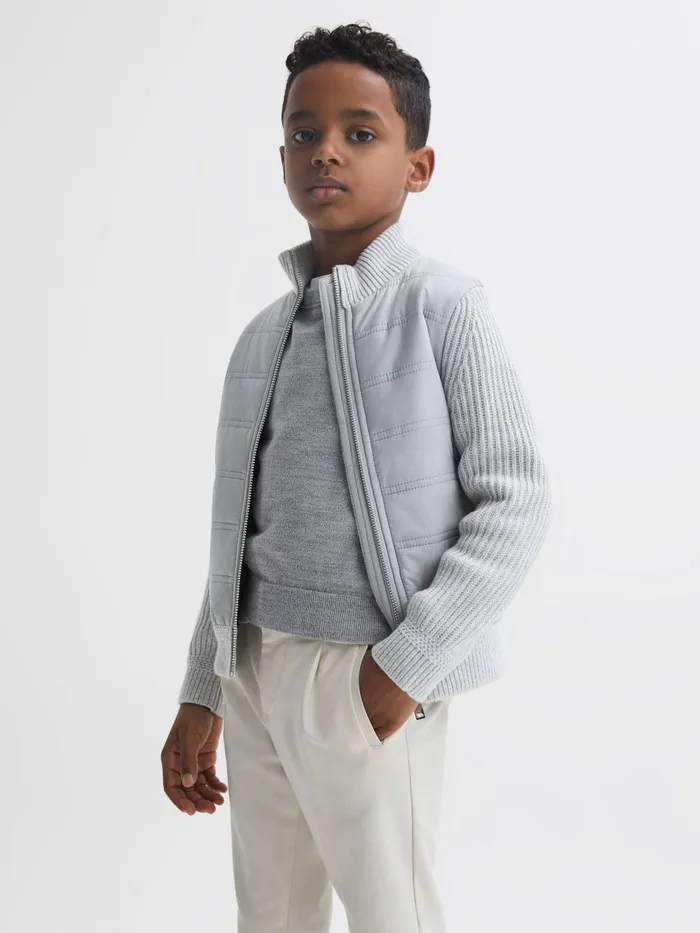 Children Reiss Knitwear Trainer Hybrid Zip Through Quilted Jakcet Soft Grey Melange