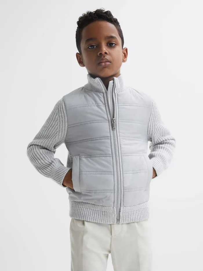 Children Reiss Knitwear Trainer Hybrid Zip Through Quilted Jakcet Soft Grey Melange