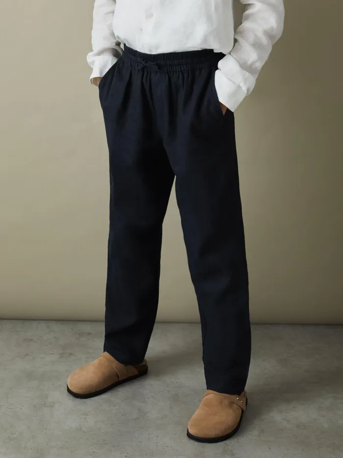 Children Reiss Pants Wilfred Linen Drawstring Tapered Trousers Navy