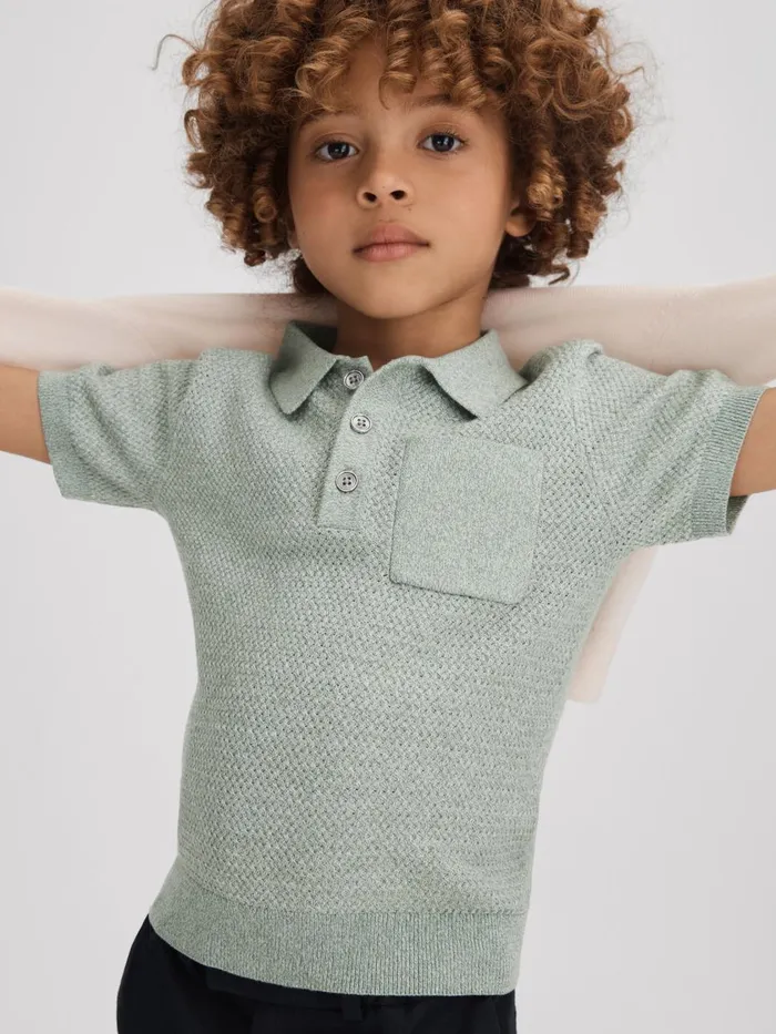 Children Reiss Polo Shirts Demetri Textured Cotton Polo Shirt Sage Melange