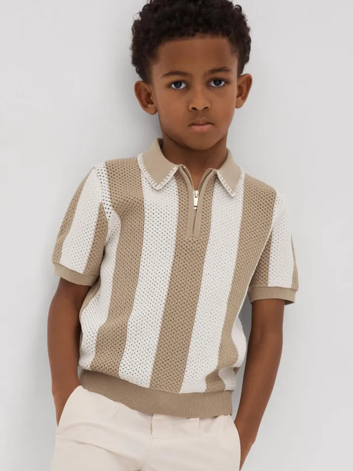 Children Reiss Polo Shirts Paros Knitted Striped Half Zip Polo Shirt Soft Taupeoptic White Children Reiss Polo Shirts Paros Knitted Striped Half Zip Polo Shirt Soft Taupeoptic White