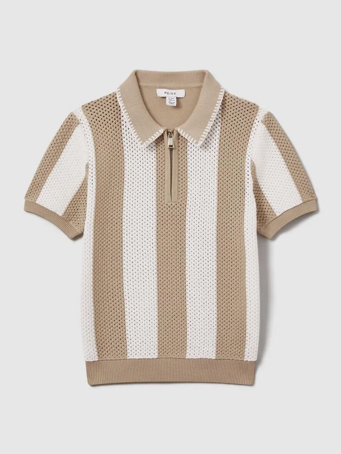 Children Reiss Polo Shirts Paros Knitted Striped Half Zip Polo Shirt Soft Taupeoptic White