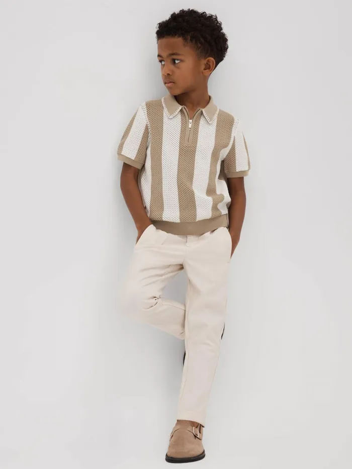 Children Reiss Polo Shirts Paros Knitted Striped Half Zip Polo Shirt Soft Taupeoptic White