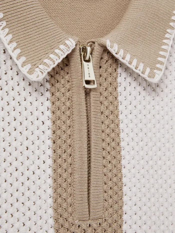 Children Reiss Polo Shirts Paros Knitted Striped Half Zip Polo Shirt Soft Taupeoptic White