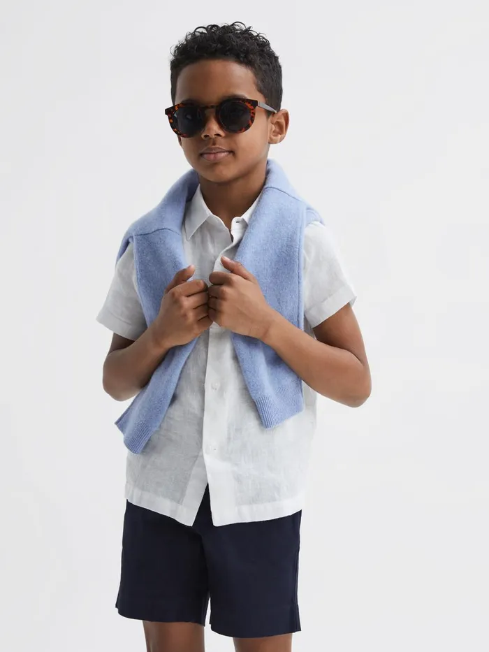 Children Reiss Shirts Holiday Short Sleeve Linen Shirt White