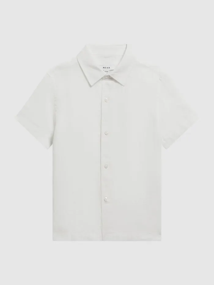 Children Reiss Shirts Holiday Short Sleeve Linen Shirt White