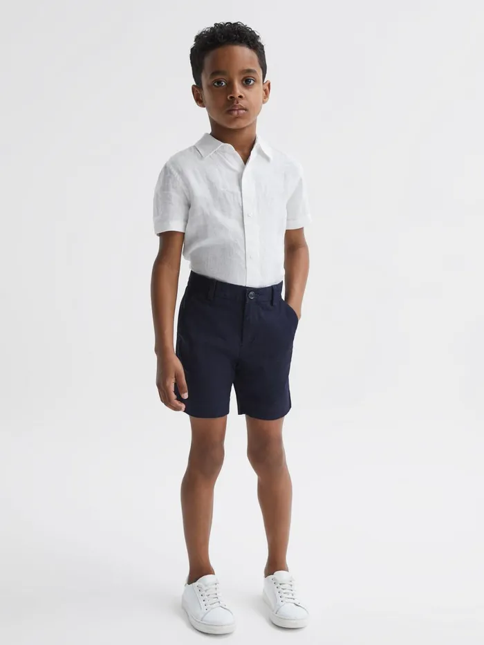 Children Reiss Shirts Holiday Short Sleeve Linen Shirt White