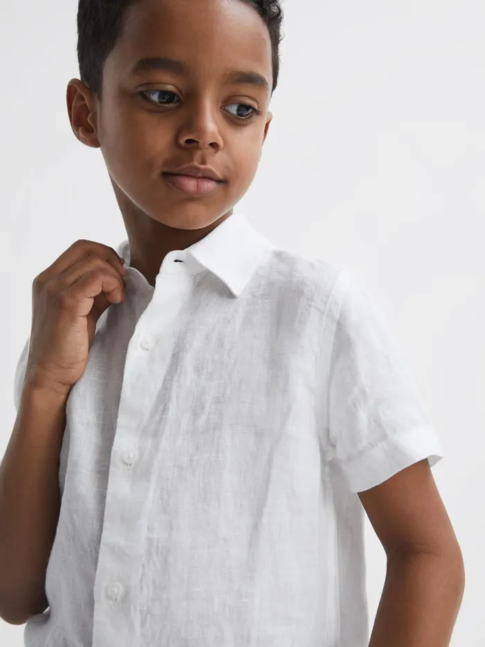 Children Reiss Shirts Holiday Short Sleeve Linen Shirt White