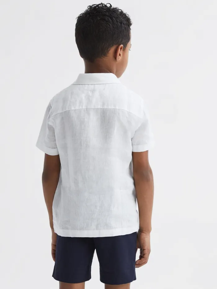 Children Reiss Shirts Holiday Short Sleeve Linen Shirt White
